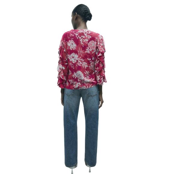 ZARA Printed Top Ruffles Floral Pink 3/4 Sleeves Button Down Chiffon Medium NWT - Picture 13 of 14